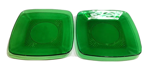 SET OF 2 VINTAGE ANCHOR HOCKING SQUARE FOREST GREEN SALAD PLATES