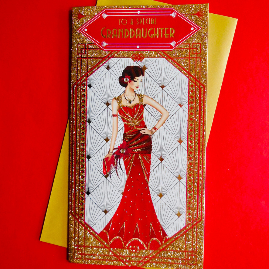 GRANDDAUGHTER Christmas Card Art Deco Lady Red Gold Glitter Stylish Xmas