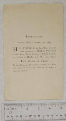 1893 Flyer Auktion Life Policy Alliance Assurance, H. E. Winter & Co., Carlisle