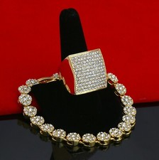 Men's Gold Plated Iced Cubic-Zirconia Hip-Hop Round Flower Bracelet huge Ring