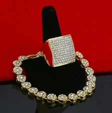 Men's Gold Plated Iced Cubic-Zirconia Hip-Hop Round Flower Bracelet huge Ring