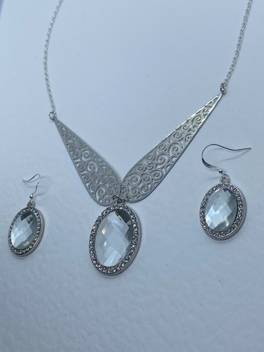 KLIMT STYLE FILIGREE NECKLACE SET  FACETED CLEAR GLASS & DIAMANTE SILVER PLATED - Picture 4 of 9
