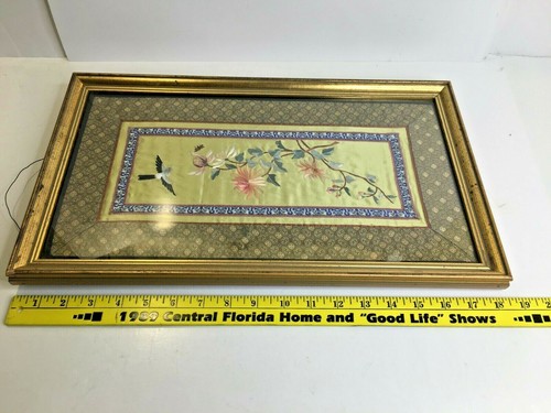 Asian Embroidered Silk Panel Bird Bee Flowers Wood Framed Textile 10 x 18 - Picture 10 of 12