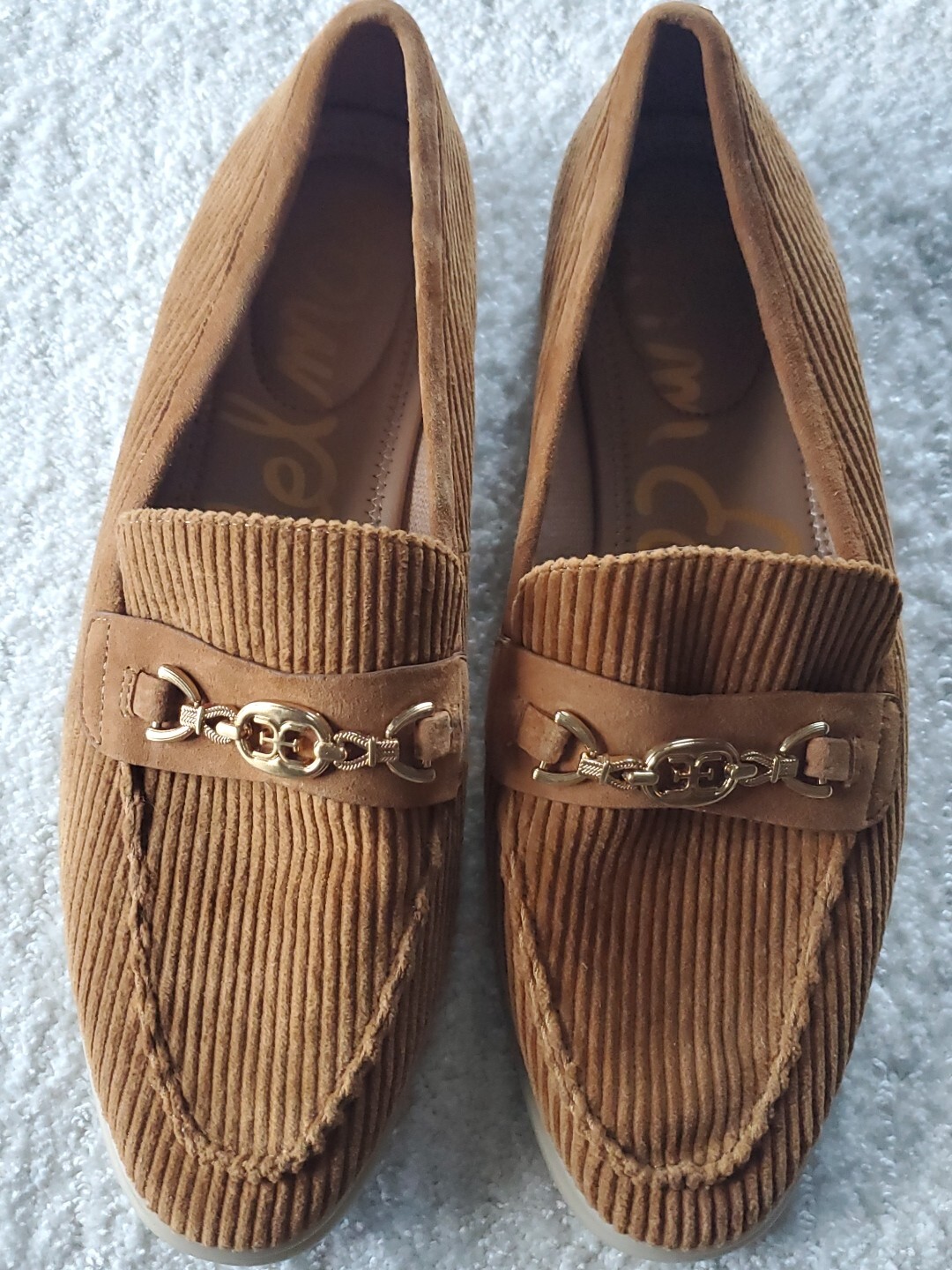 SAOLA Mocassino Sam Edelman taglia 10 calza pelle marrone dorato velluto a coste suola gomma morso cavallo