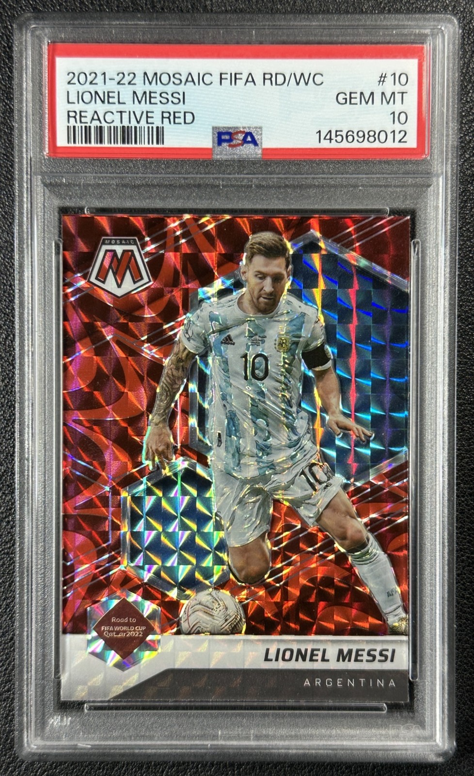 LIONEL MESSI PSA 10 2021 PANINI MOSAIC ROAD TO FIFA WORLD CUP #10 REACTIVE RED view 1