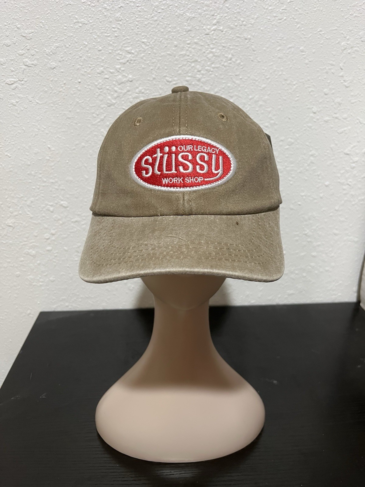 Stussy Our Legacy Workshop Strapback Hat Khaki Tan, Red Logo Adjustable Cap