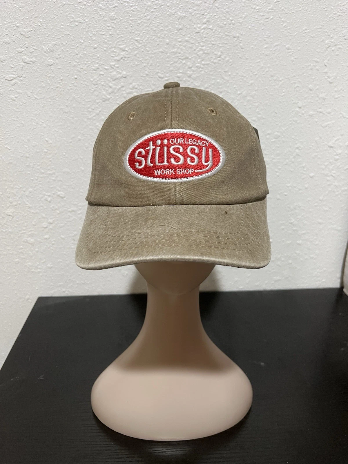 Stussy Our Legacy Workshop Strapback Hat Khaki Tan, Red Logo Adjustable Cap