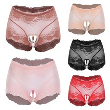 Women See Through Crotchless Panties Lace Trim Faux Pearls Band Briefs Nightwear