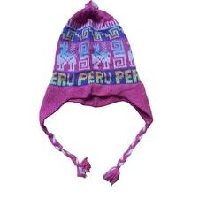 Peruvian Alpaca Wool Chullo Laplander Hand Knit Fringe Winter Hat Llama Pink