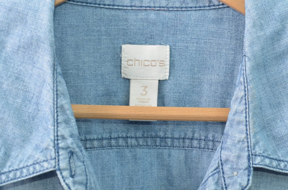 Camisa Chicos Denim Abotonada Para Mujer 3 US XL Azul Bolsillos Manga Pestaña Nudo Frontal Foto 4 de 4