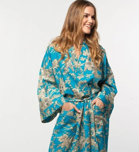 Indian Cotton Robe Long Kimono Sleepwear Gown Blue Floral Printed Beach Robes US - Picture 3 of 8