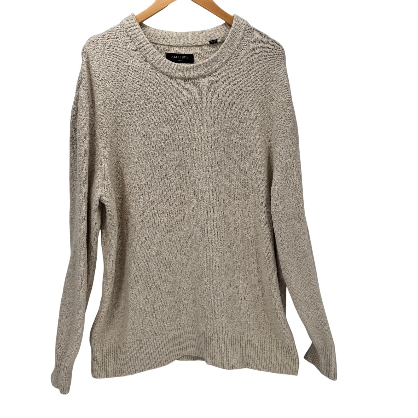 AllSaints Sweater Mens Small Oversize Cream Long Sleeve Nubby Knit Cotton Wool