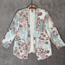Chicos Paisley Open Front Blazer Jacket White Blue Orange Size 2 US 12/14 Resort