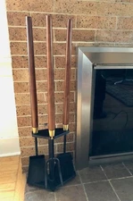 Vintage Early 1960s SEYMOUR MFG CO Walnut/Wrought Iron Fireplace Set Genuine MCM