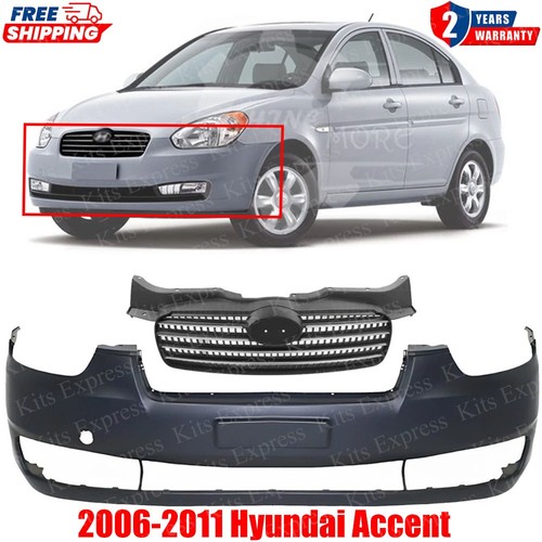 Front Bumper Cover Fascia & Grille Assembly Kit For 2006-2011 Hyundai Accent