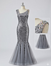 Jovani Stunning Silver Sequin Mermaid Gown with Tulle Flare Sleeveless Size 10