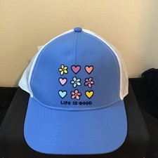 Life is Good Kids Blue White Trucker Hat Flowers Hearts Graphic Adjustable