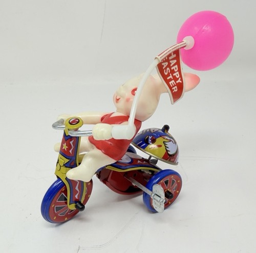 VTG MTU Korea Easter Bunny on Cycle Tricycle Wind Up Celluloid & Tin 1950s WORKS