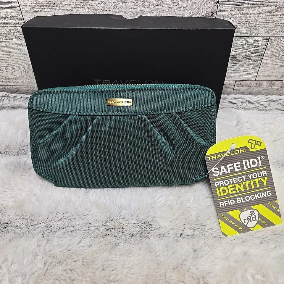 TRAVELON 安全 ID RFID 阻断钱包支票簿玉绿色旅行安全新品 — 第 2/4 张图片
