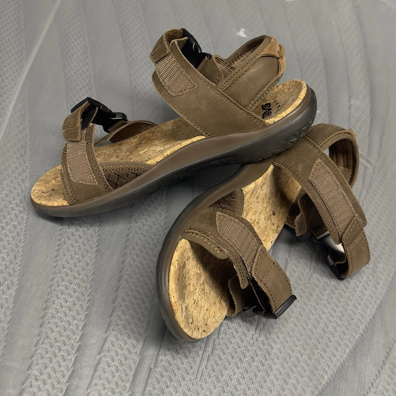 Teva Terra-Float Lux Genuine Leather Slide Sandals Universal 8 Brown Cork Insole