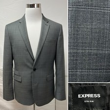 Express Men  s 40R Gray Plaid Extra Slim Stretch Wool Blend Blazer Jacket