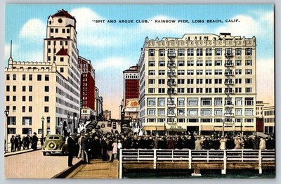 Long Beach,CA  Spit & Argue Club Rainbow Pier Street Scene Vtg 1930's Postcard