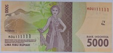 Indonesia Banknotes 5000 5.000 Rupiah 2016/2024 Solid S/N 'KOU 111111-(UNC)-P156
