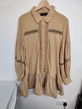 In The Style Tan Lace Trim Smock Dress UK 14 Camel Puff Sleeve Mini Boho Festiva