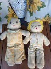 Vintage Knit Cloth Dolls Boy Girl Pair Yellow Hair Yellow Animal Print Outfit