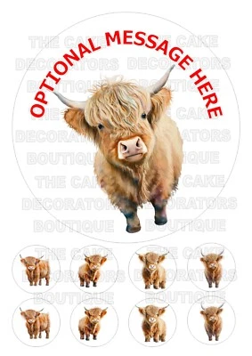 Edible Highland Cow party decorations Cake Topper choice of size, iced and wafer - Image 1 of 4
