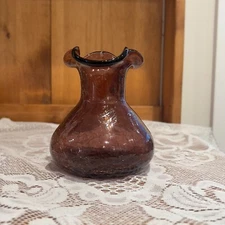 Blenko Small Amethyst Purple Crackle Glass Ruffle Top Bud Vase