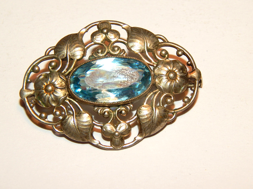 Imposante grosse Brosche Jugendstil hellblauer Farbstein wohl versilbert - Picture 4 of 8