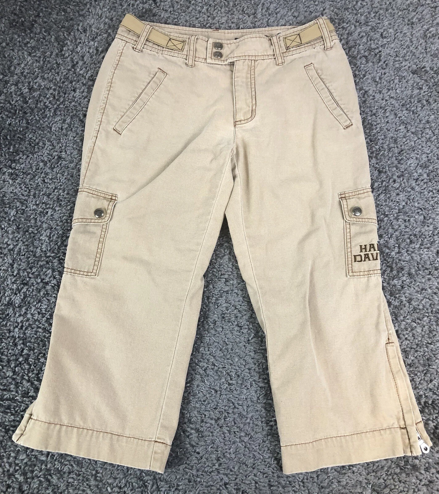 Harley Davidson Capri Pants Womens 4 Khaki Cargo Adjustable Waist Zipper Leg