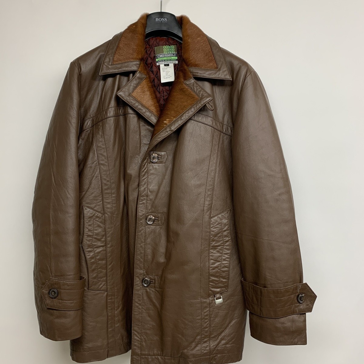 Diesel Leather vtg Mens Cow Hair lined collar jacket Size Large | eBay