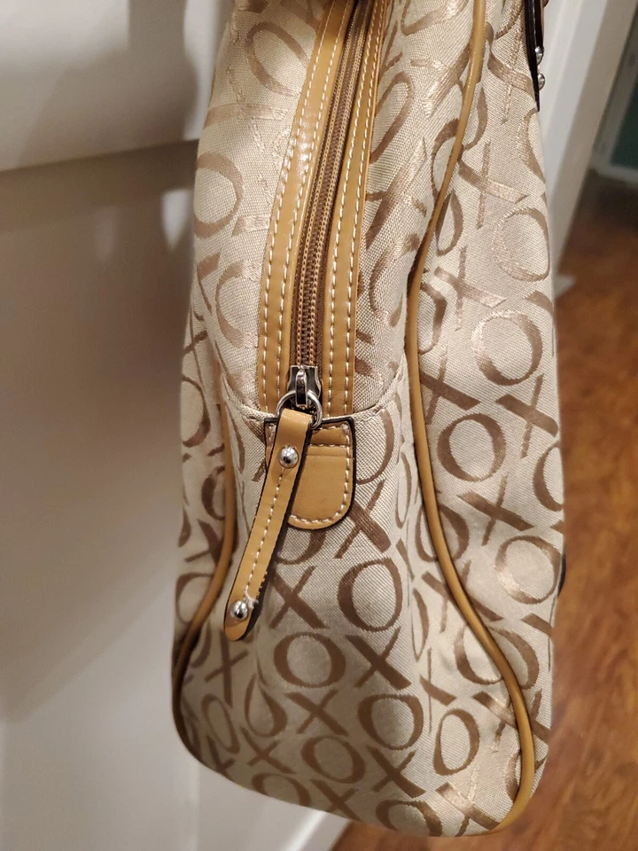 XOXO Womens Handbag K2K Purse Tan Cream Brown Large Logo Tote Bag Bowling Style  - Image 4 of 4