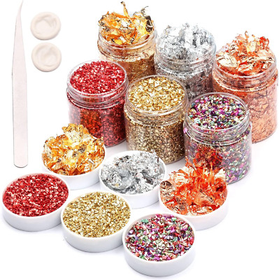 Gacuyi Gilding Gold Foil Flakes and Crushed Glass for Resin Jewelry - 6 Bottles
