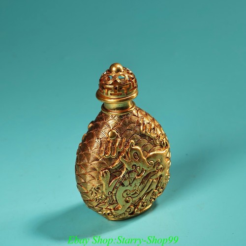 4"Old China Dynasty Copper Gold Gilt Dragon Beast Pattern Snuff bottle Snuff box - Picture 6 of 9
