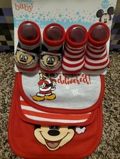 Disney Baby 2 Pack Sock 3 Pack Bibs Set Mickey's 1st Christmas Gift Sets 0-12 Mo