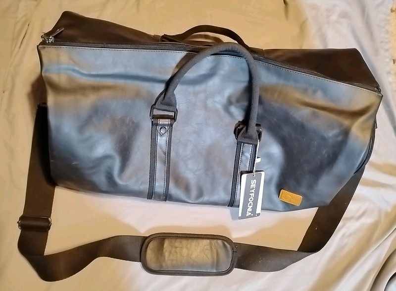 Seyfocnia Black Faux Leather Travel Duffle Garment Bag with Shoes Compartment