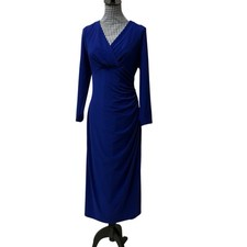 Lauren Ralph Lauren Blue 3/4 Sleeve V-Neck Knee Length Rouched Side Wrap Dress