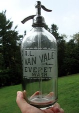 Nice A.L. VAN VALEY WESTERN ETCHED SIPHON SELTZER BOTTLE ~ EVERETT, WASHINGTON