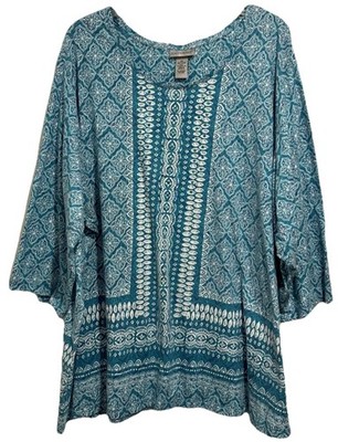 Catherines Womens Tunic Top Blue Green Floral Short Sleeve Studded Size 4X