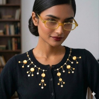 Y2K Butter Yellow Embroidered Stone Cardigan Sweater Office Siren Bedazzle Large