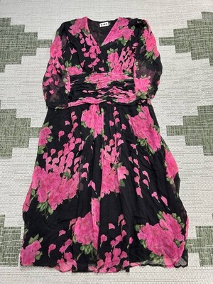 Rixo Dress Womens Large Black Pink Floral Blouson