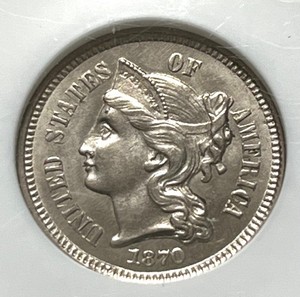 1870 three cent nickel, NGC MS-63