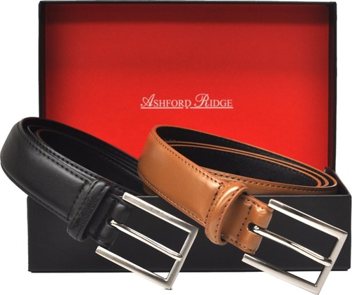 30mm Black and Tan Leather Belt Gift Set Waist 80cm 90cm - Picture 2 of 5