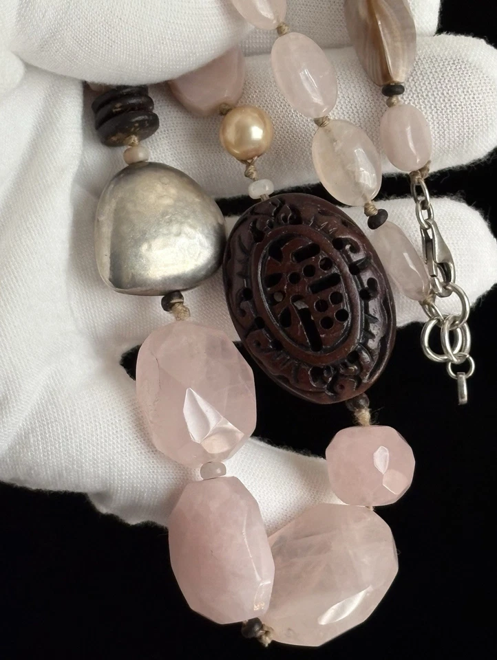 Collar Silpada Plata Rosa Cuarzo Palma Madera Seda N1819 Declaración Foto 2 de 4