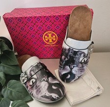 Tory Burch nib cat print limited edition slide leather mule clog shoes size 8