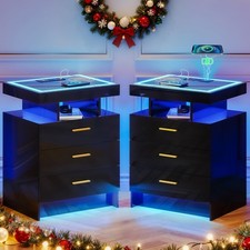 2 Set LED Nightstands with Wireless Charging and Auto Sensor, Black