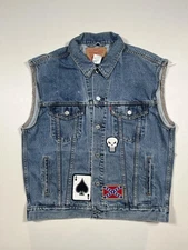 Levis Denim Vest Mens Large Blue Standard Trucker Cutoff Biker Patches